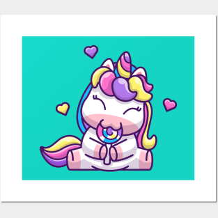 Cute Unicorn Eating lollipop Cartoon Posters and Art